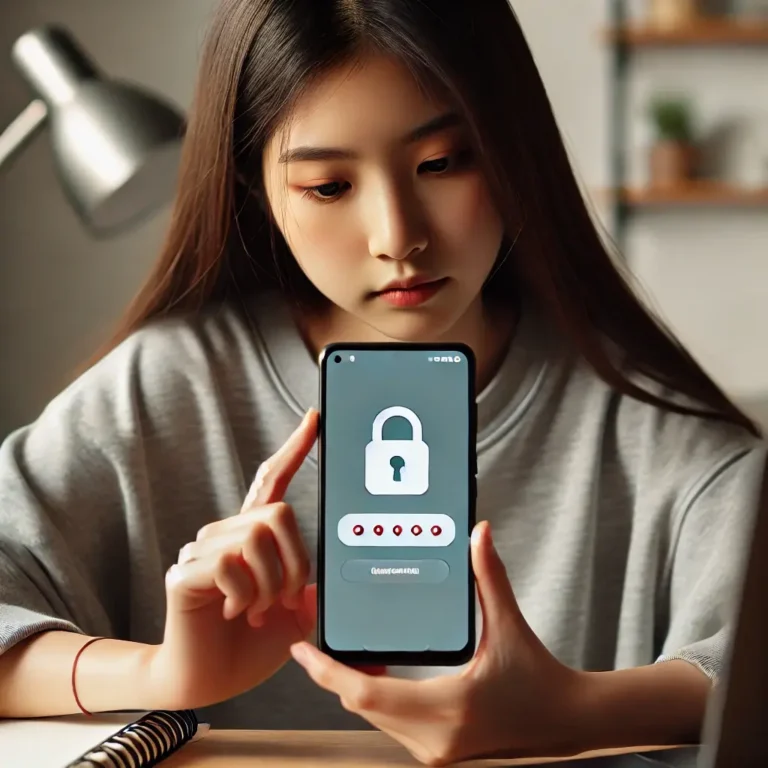 An Asian American girl in casual clothing, sitting at a desk, looking intently at the screen of a locked Android phone in her hand.